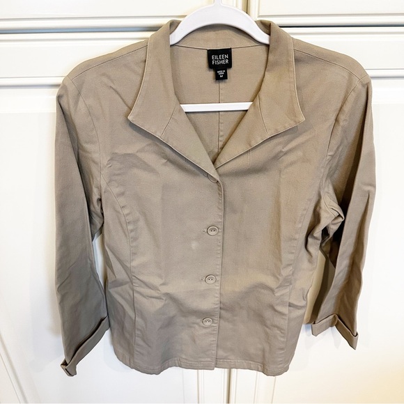 Eileen Fisher Women’s Tan Khaki Cotton Stretch Utility Jacket Blazer Office Wear - Picture 1 of 8